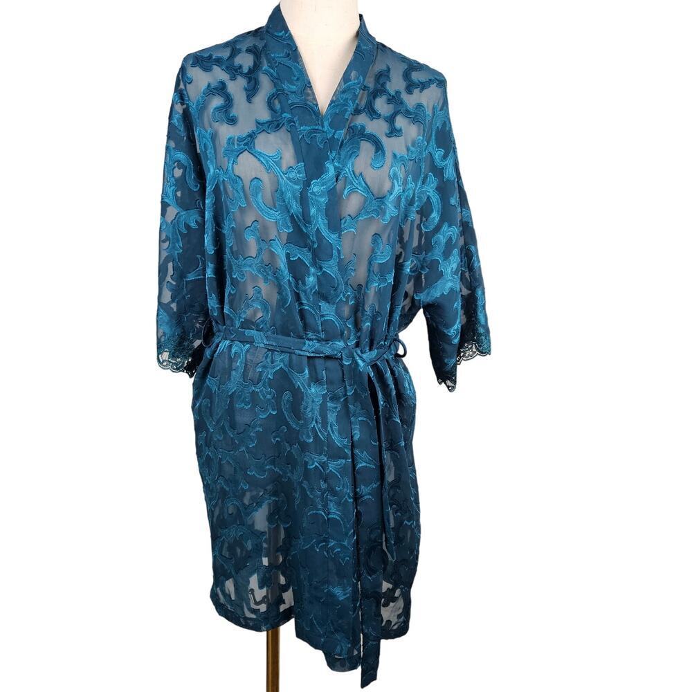 Vintage Frederick's of Hollywood Semi Sheer Brocade Robe Wrap‎ M Teal Green